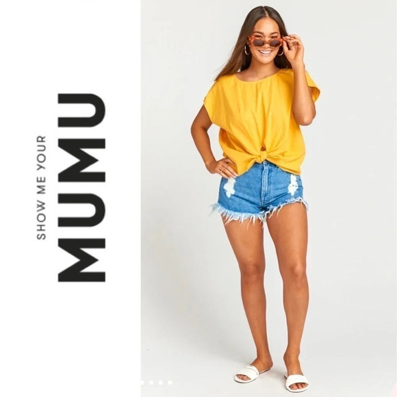 Show Me Your Mumu Katrina Top Size Large Linen Blend Canary Yellow Front Slit - Picture 2 of 8